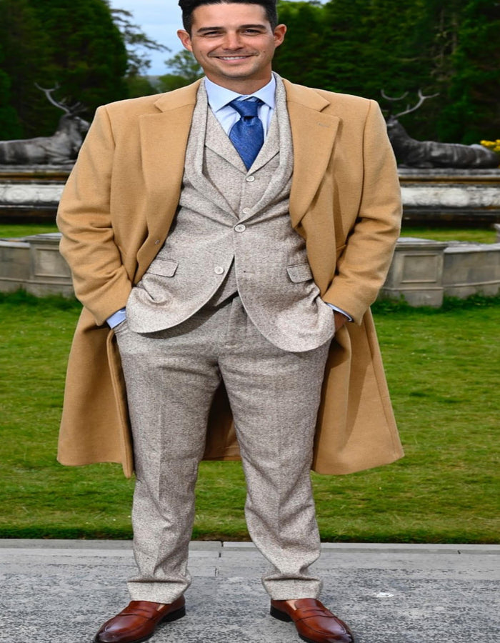Mens Peaky Blinders Costume Thomas Shelby Tweed Light Tan Suit & Camel Overcoat