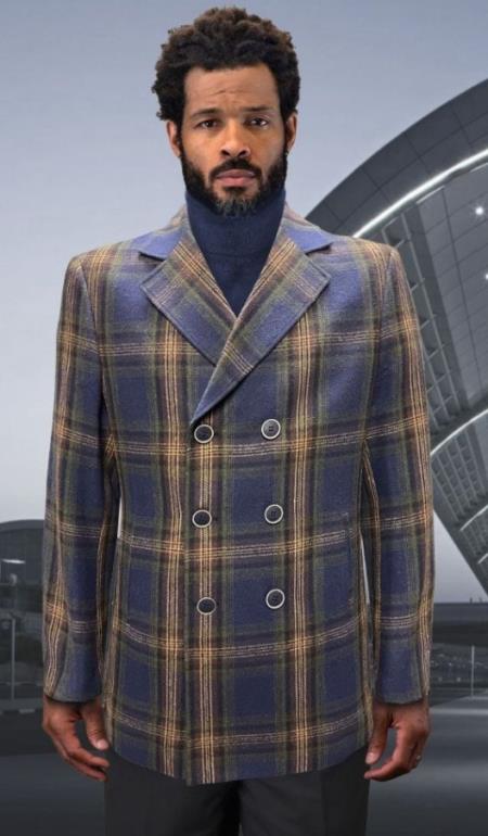 Men’s Blue Plaid Carcoat - Classic Style with Wool Blend main image 0