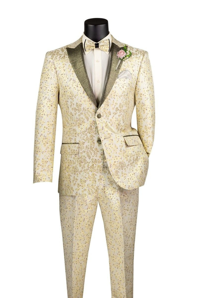 Champagne Gold Floral Tuxedo Suit for Men – Two-Piece Wedding Tux with Bow Tie and Satin Lapel