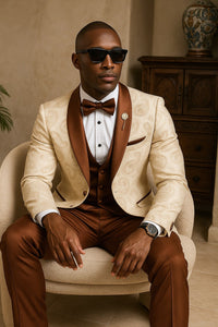 Mens Champagne Paisley Tuxedo with Brown Satin Lapel and Pants – Formal Wedding Suit with Chain Brooch