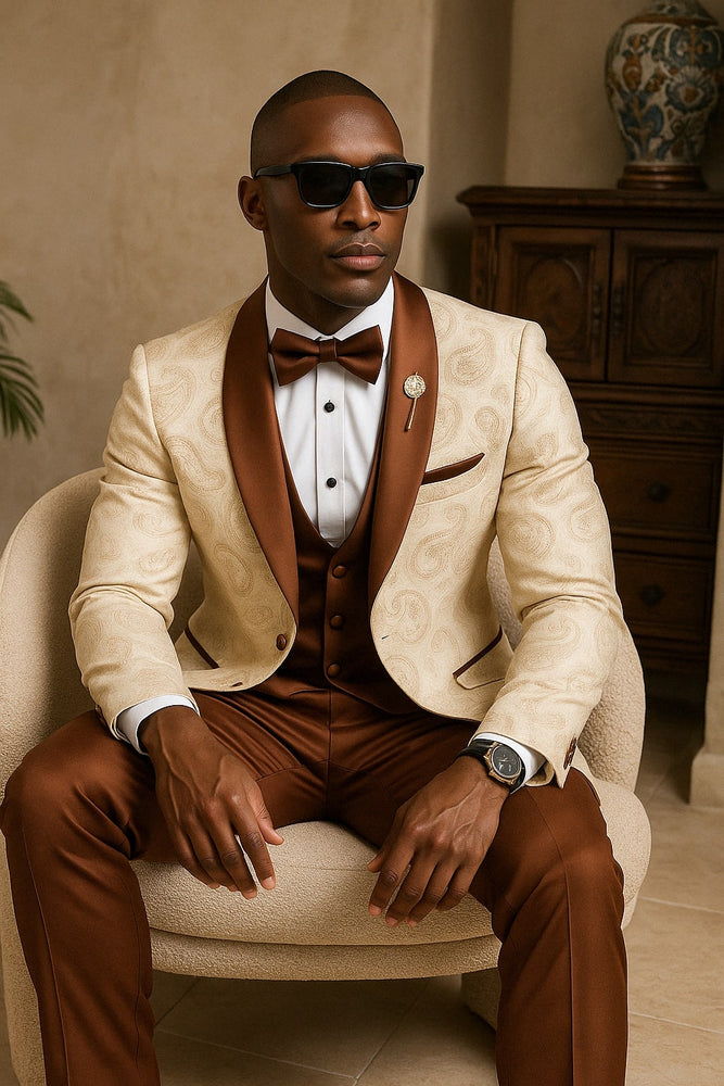 Mens Champagne Paisley Tuxedo with Brown Satin Lapel and Pants – Formal Wedding Suit with Chain Brooch