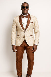 Mens Champagne Paisley Tuxedo with Brown Satin Lapel and Pants – Formal Wedding Suit with Chain Brooch