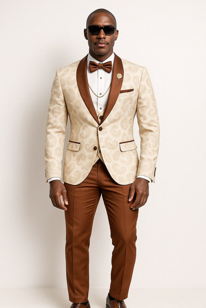 Mens Champagne Paisley Tuxedo with Brown Satin Lapel and Pants – Formal Wedding Suit with Chain Brooch