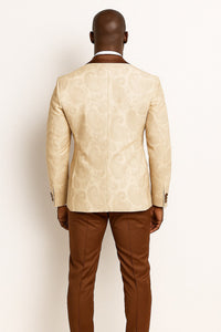 Mens Champagne Paisley Tuxedo with Brown Satin Lapel and Pants – Formal Wedding Suit with Chain Brooch