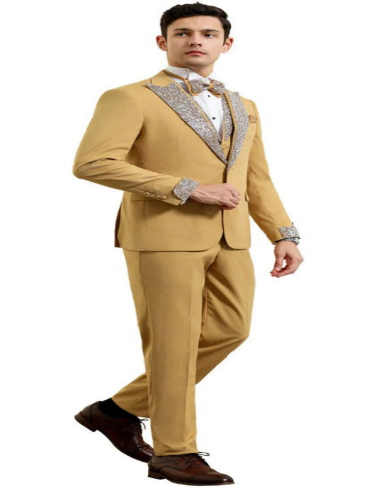 Champagne Prom Tuxedo - Perfect Wedding Suit Vested Rhinestone Lapelled