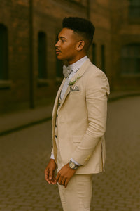 Champagne Color Suit With Double Breasted Vest in Light Tan Sand Color - Slim Fitted Summer Wedding Suit