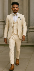 Champagne Color Suit With Double Breasted Vest in Light Tan Sand Color - Slim Fitted Summer Wedding Suit