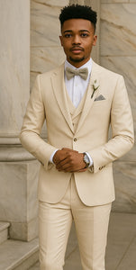 Champagne Color Suit With Double Breasted Vest in Light Tan Sand Color - Slim Fitted Summer Wedding Suit