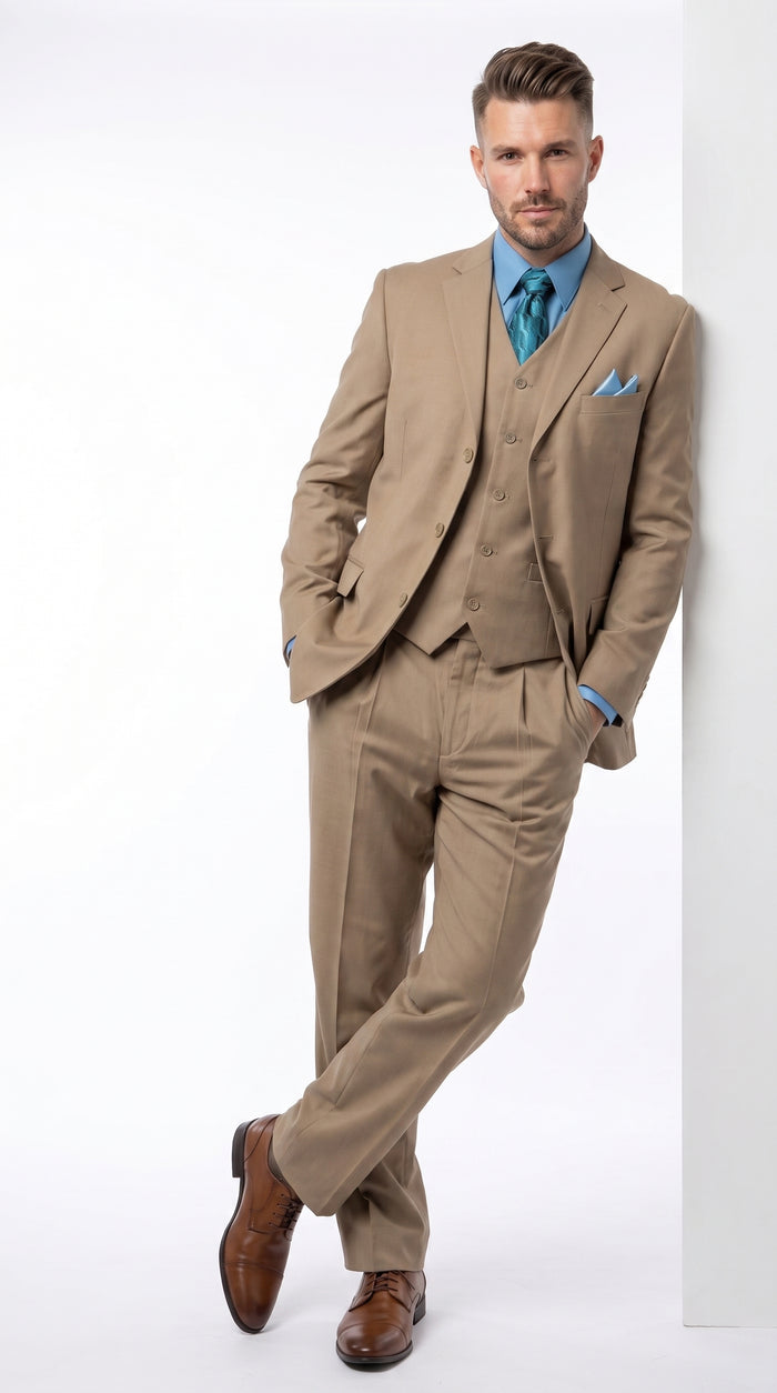 Men’s Tan 3 Button Classic Fit Vested Suit, Formal Wedding Business Dress Suit