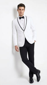 Men’s White Prom Tuxedo Suit with Black Trim, White Wedding Tuxedo for Prom, Groom & Formal Events