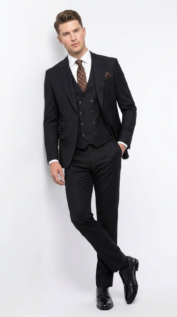 Men’s Black Wool Suit with One Button Peak Lapel Jacket and Double Breasted Vest