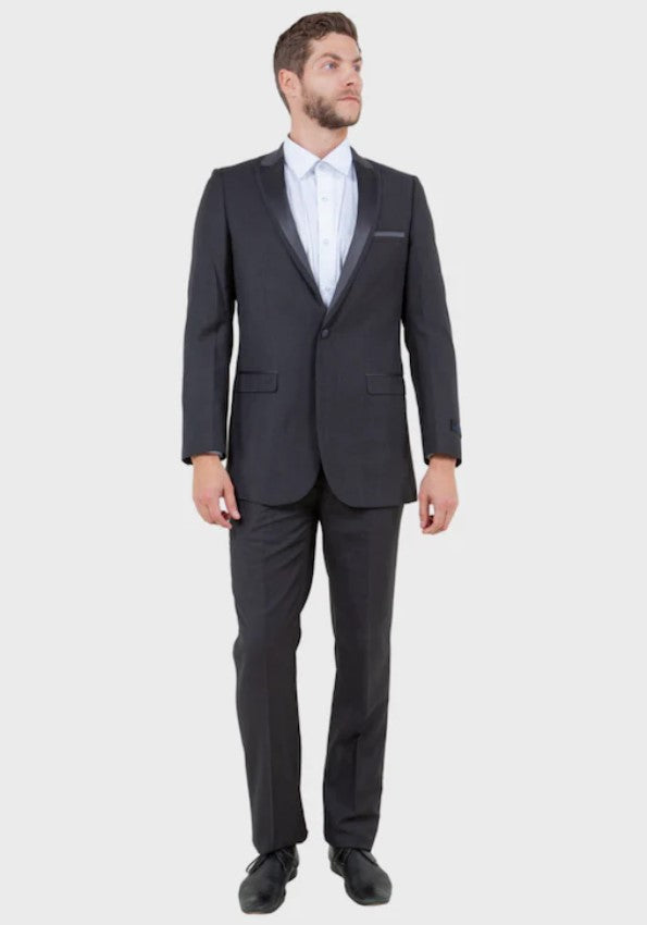 Big and Tall Tuxedo - Charcoal 1 Button Flat Front Pants Satin Peak Lapel Tuxedo