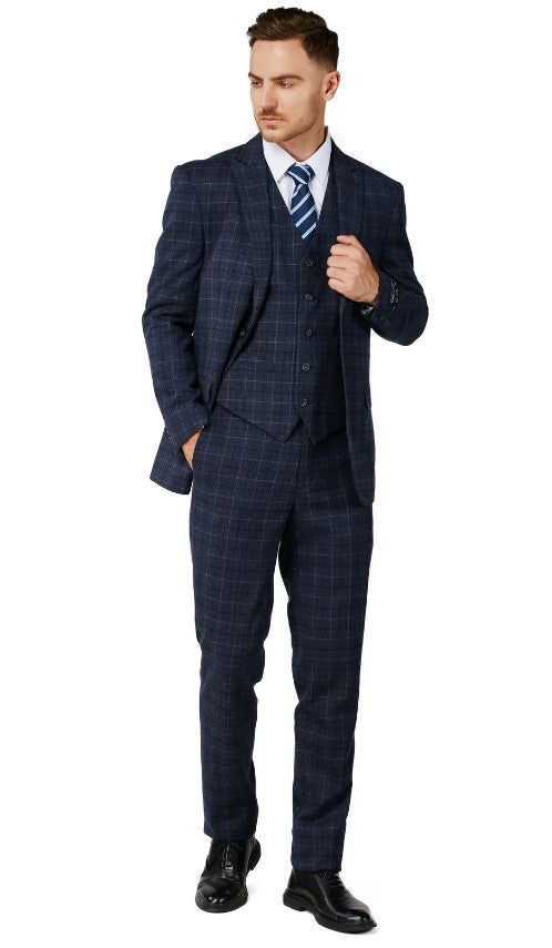 Mens Charcoal Blue Checker Two Button Notched Lapel Suit Slim Fit