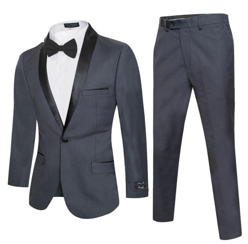 Mens Charcoal Tuxedo Slim Fit Shawl Label Suit