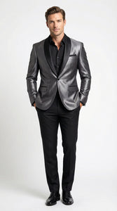 Men’s Shiny Charcoal Grey Blazer –  Sharkskin Dinner Jacket Shawl Collar