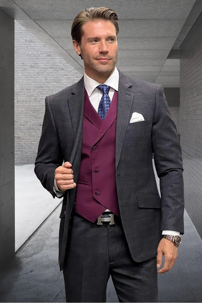 Mens Modern Fit Wool & Cashmere Plaid Charcoal Grey Business Suit