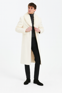 Men’s Ivory - Cream - Off White Full-Length Overcoat with Luxurious Faux Fur Shawl Collar – Winter Dress Coat