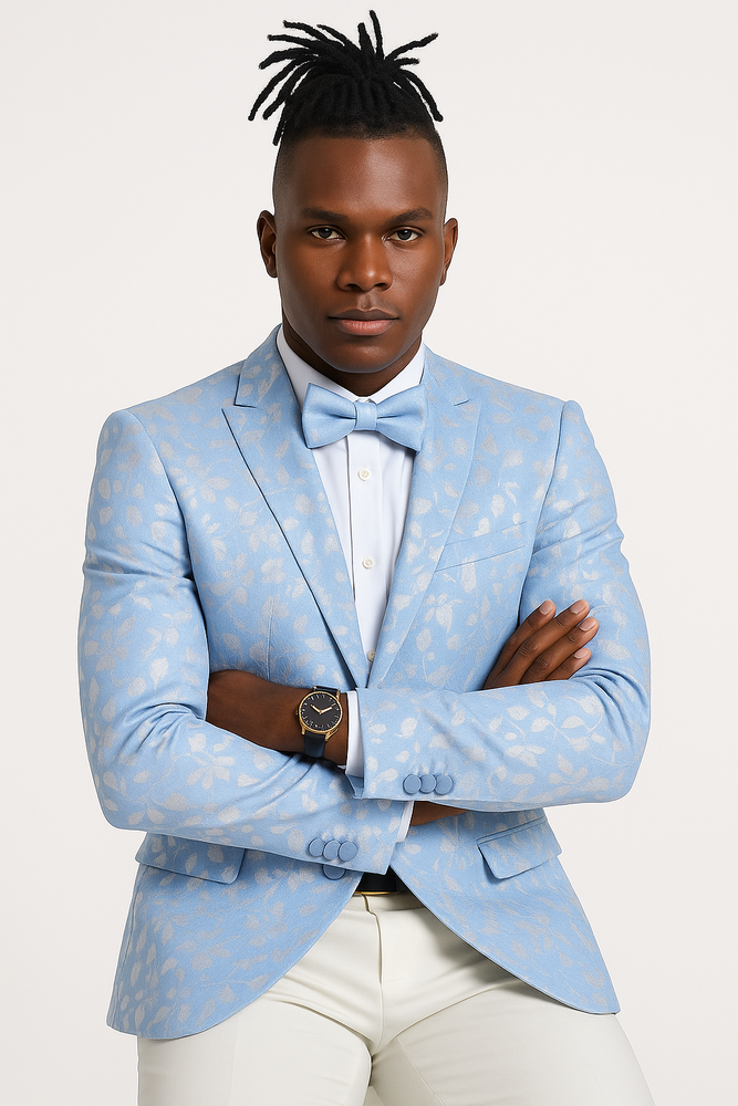 Men's slim fit sky blue & silver paisley foil print tuxedo dinner jacket for prom & wedding