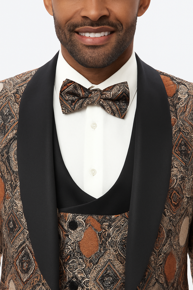 Men's Rust Geometric Pattern Tuxedo with Vest & Bowtie – One Button Formal Suit