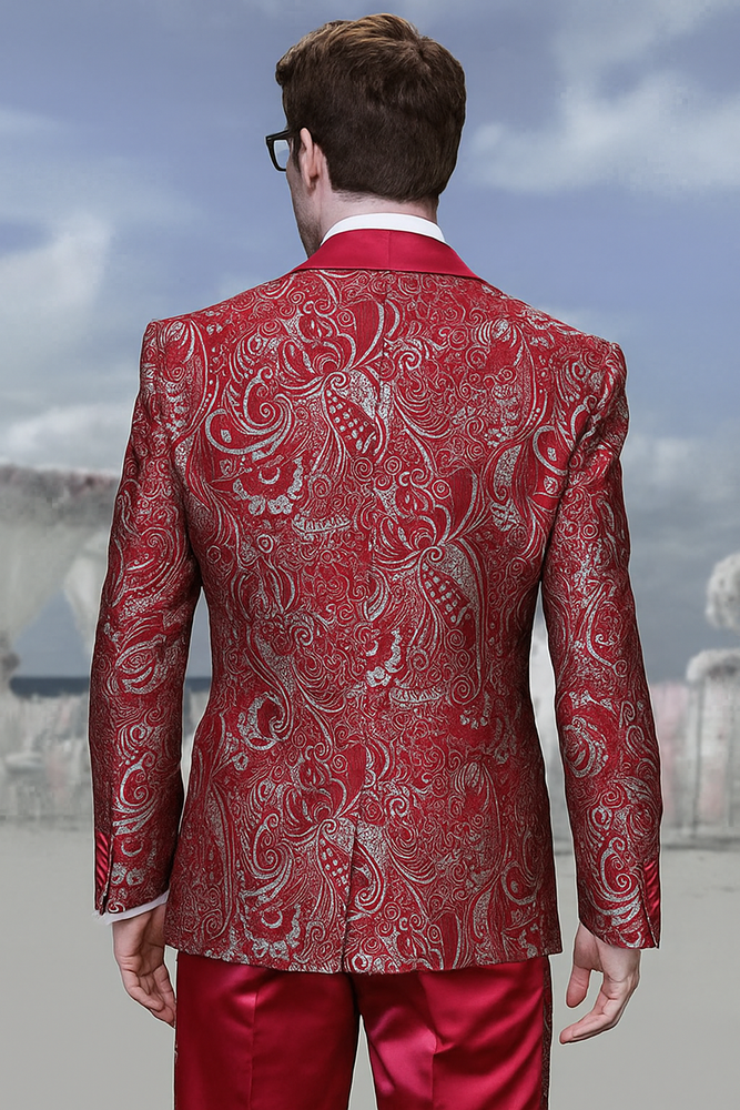 Men’s Red Paisley Brocade Prom Tuxedo with Vested Double Breasted Suit – Wedding Ready