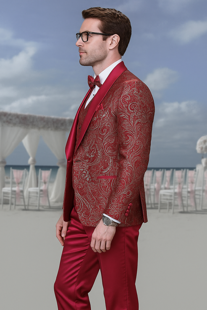 Men’s Red Paisley Brocade Prom Tuxedo with Vested Double Breasted Suit – Wedding Ready