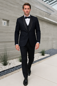 Men's Black Paisley Velvet Smoking Jacket Tuxedo with Vested Double Breasted Prom & Wed