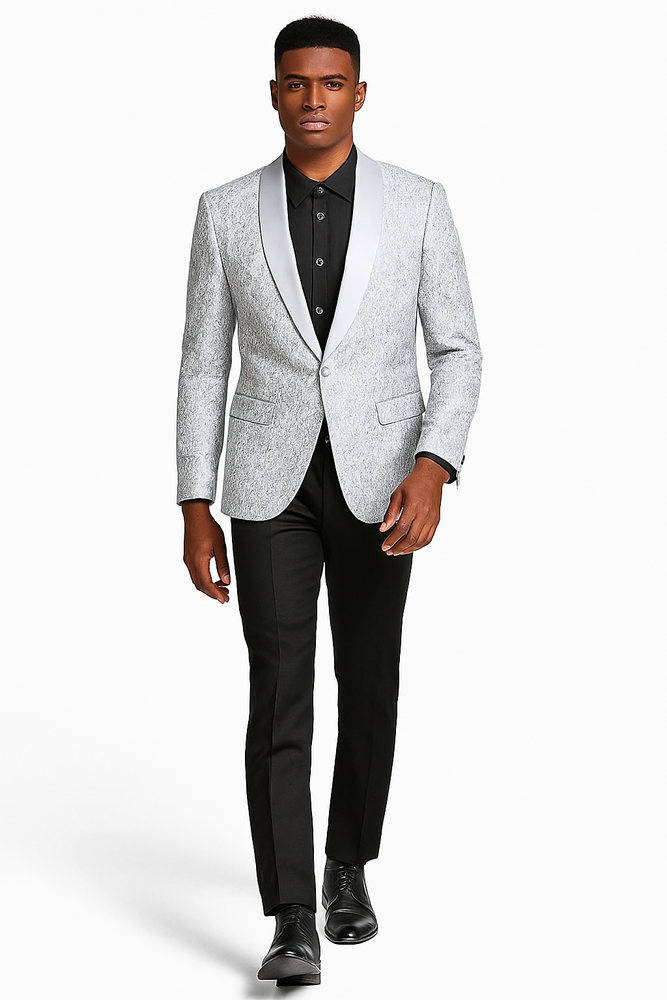 Men’s Silver Grey Tonal Paisley Tuxedo Jacket – Slim Fit Wedding & Prom Blazer