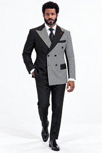Mens Houndstooth Glen Plaid Double Breasted Two-Toned 100% Wool Side Vented Modern Fit Suit in Black