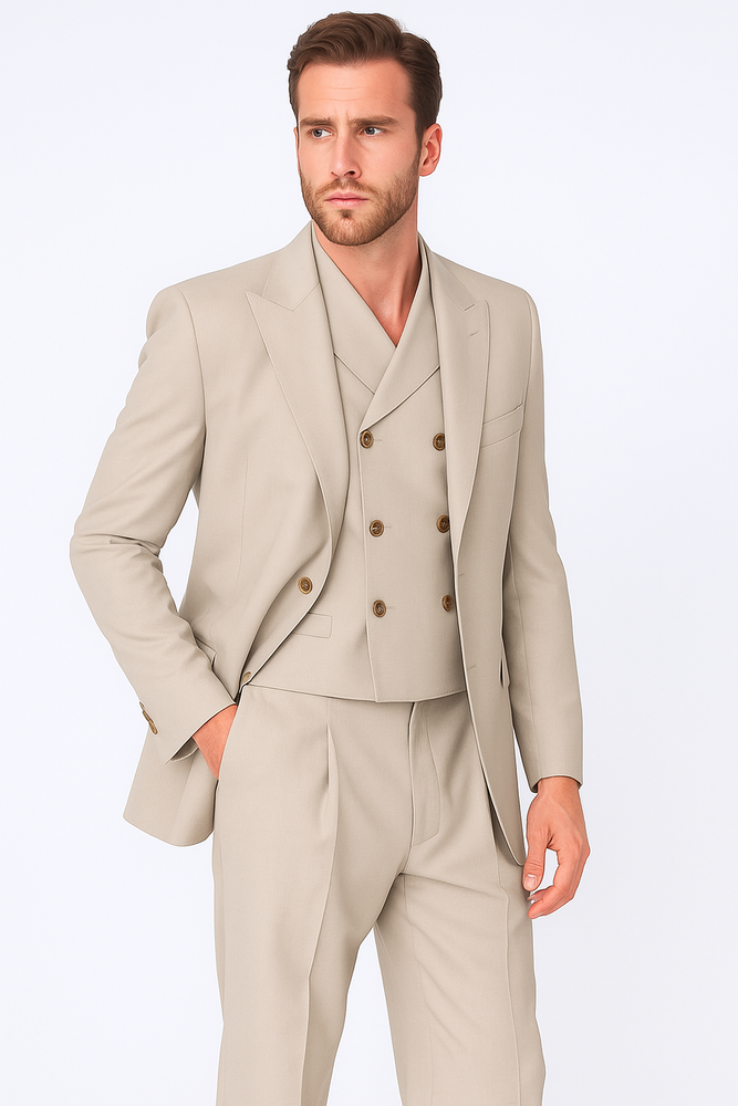 Tiglio Rosso Suit  - Classic Fit Athletic Cut 100% Wool Super 150s Italian Fabric Peak Lapel in Color Tan