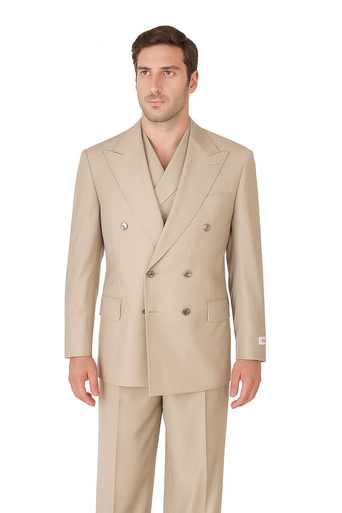 Tiglio Rosso Suit  - Classic Fit Athletic Cut 100% Wool Super 150s Italian Fabric Peak Lapel in Color Light Tan
