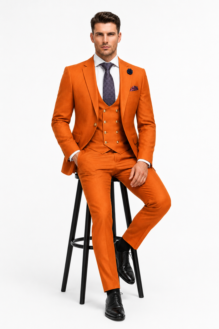 Rossiman Men’s Rust Slim Fit Suit | 3-Piece Set with Double-Breasted Vest & Flat Front Pants – Italian Tailored Luxury