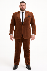 Mens Brown Velvet 2-Piece Suit – Luxury Slim Fit Formal Blazer and Pants Set in Rust Copper Color