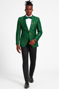 Tailors 

Tazio Tailors Men's Slim Fit Paisley Foiled Blazer - Hunter Green & Gold for Prom & Weddings