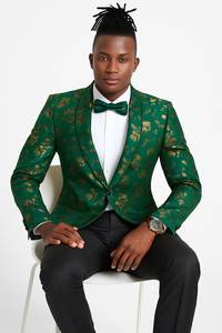 Tailors 

Tazio Tailors Men's Slim Fit Paisley Foiled Blazer - Hunter Green & Gold for Prom & Weddings