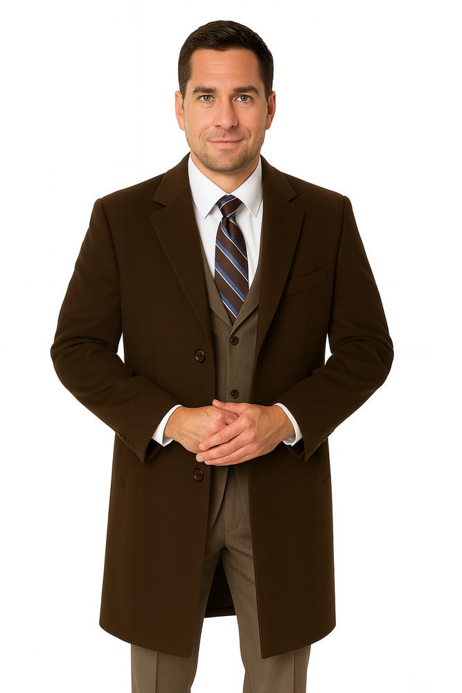 Men's Dress Coat Long Wool Winter Dress Knee Length Men's Overcoat Coat Reg: $1495 Luxurious High-Quality 10% Cashmere Premium Top Coat Brown