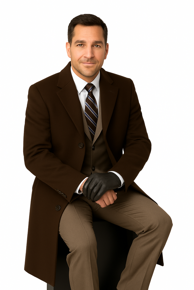 Men's Dress Coat Long Wool Winter Dress Knee Length Men's Overcoat Coat Reg: $1495 Luxurious High-Quality 10% Cashmere Premium Top Coat Brown