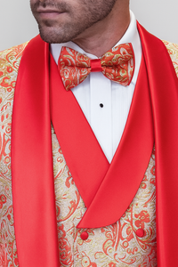 Coral Orange Men's Shiny Paisley Wedding Tuxedo with Double Breasted Vest & Satin Pants