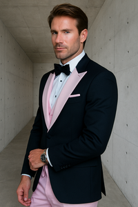 Men’s Black and Pink Wool Tuxedo – Designer Vested Tuxedo with Contrast Satin Peak Lapel for Wedding & Prom