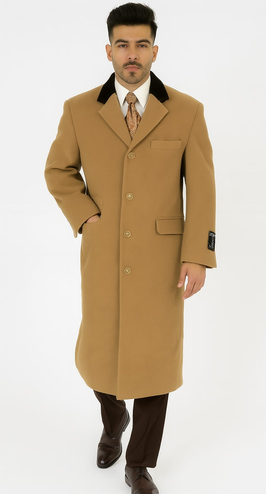 Chesterfield And Cashmere Full Length Velvet Collar Beige ~ Camel - Brown Velvet Collar - Mens
