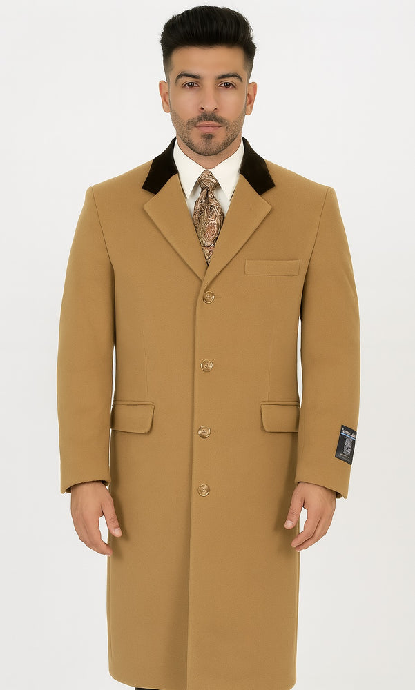 Chesterfield And Cashmere Full Length Velvet Collar Beige ~ Camel - Brown Velvet Collar - Mens