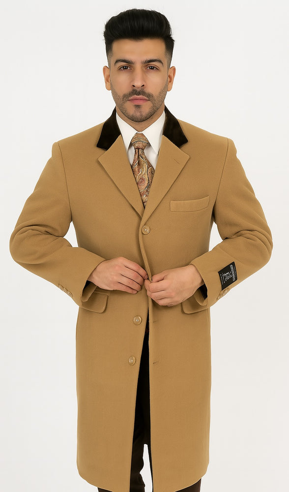 Chesterfield And Cashmere Full Length Velvet Collar Beige ~ Camel - Brown Velvet Collar - Mens