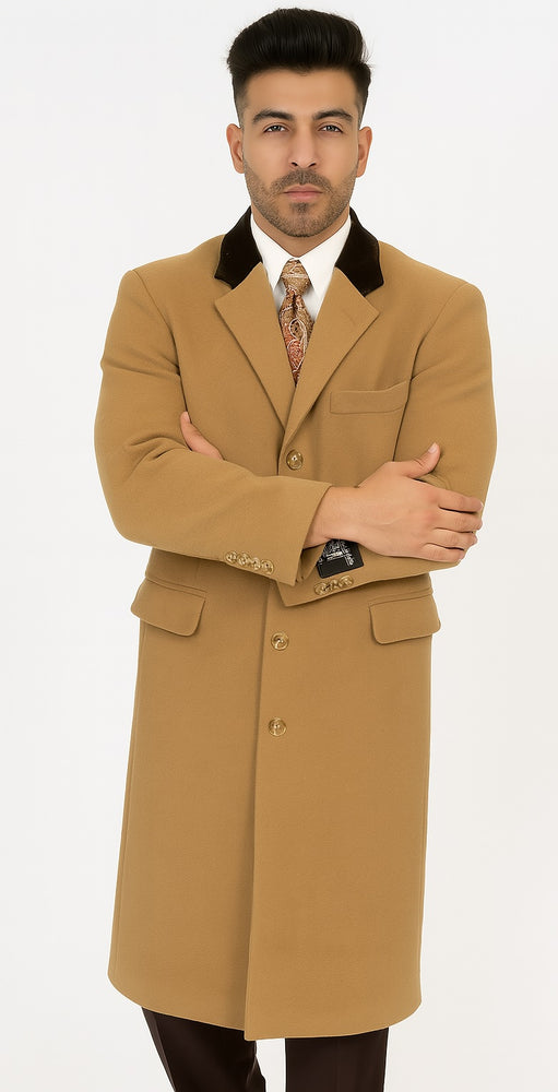 Chesterfield And Cashmere Full Length Velvet Collar Beige ~ Camel - Brown Velvet Collar - Mens