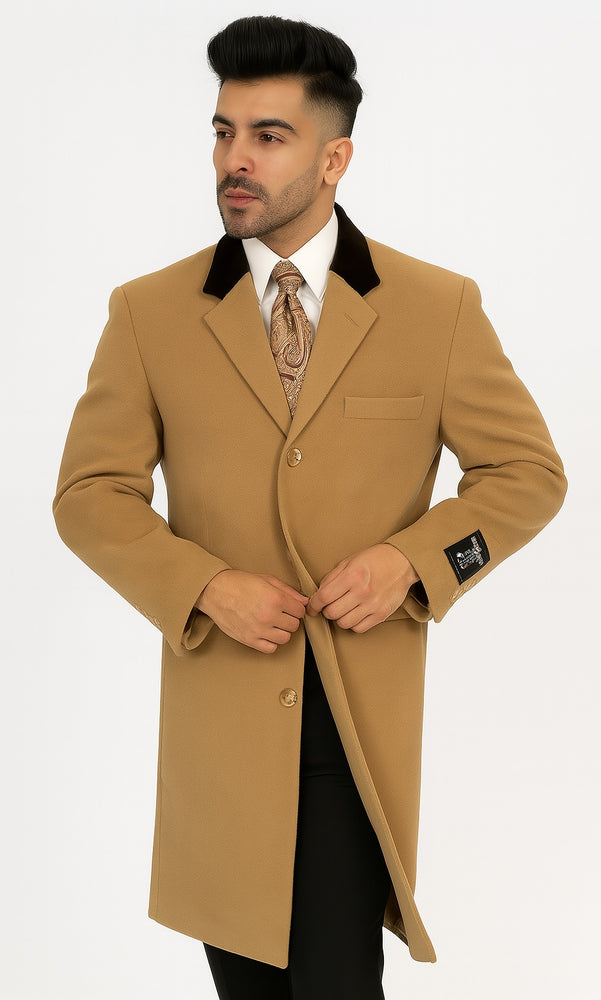 Chesterfield And Cashmere Full Length Velvet Collar Beige ~ Camel - Brown Velvet Collar - Mens