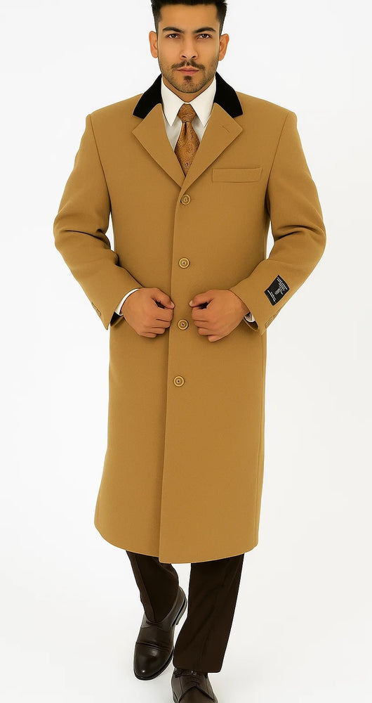 Chesterfield And Cashmere Full Length Velvet Collar Beige ~ Camel - Brown Velvet Collar - Mens