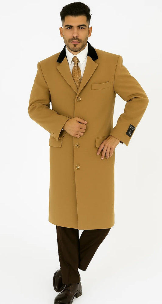 Chesterfield And Cashmere Full Length Velvet Collar Beige ~ Camel - Brown Velvet Collar - Mens