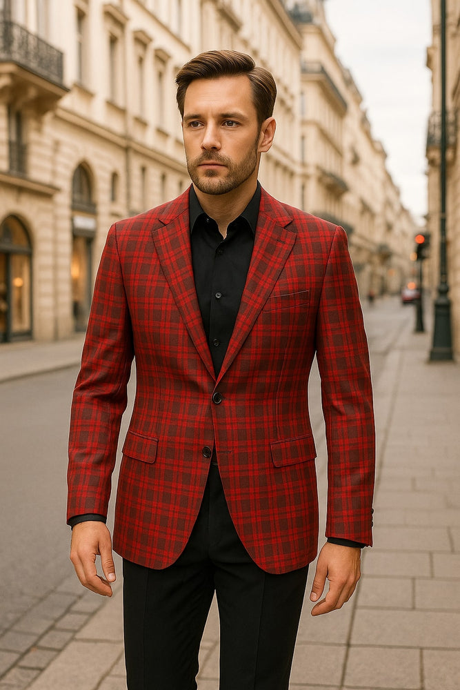 Mens Red Plaid Modern Fit Windowpane Check Blazer - Christmas Holiday Sport Coat Tartan Look