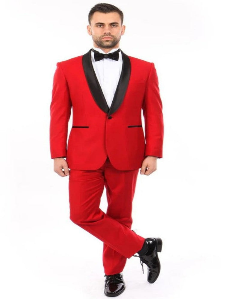 Mens 1 Button Classic Slim Fit Shawl Lapel Tuxedo in Red