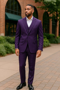 Mens Classic Three-Piece Purple Suit – Formal Slim Fit Tuxedo Set with Vest