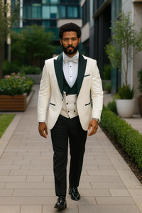 Hilton White and Black Paisley Peak Lapel Tuxedo Jacket with Matching Shawl Vest and Wool Pants – Includes Bow Tie