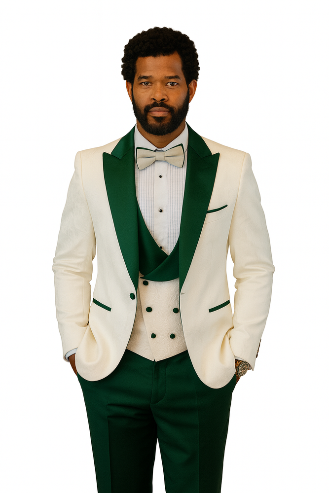 Hilton White and Hunter Green Paisley Peak Lapel Tuxedo Jacket with Matching Shawl Vest and Wool Pants – Includes Bow Tie
